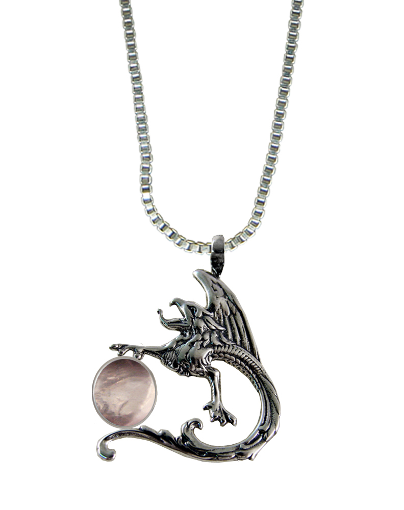 Sterling Silver Tattoo Dragon Pendant With Rose Quartz